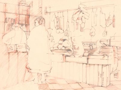 Mid 20th Century Graphite Drawing - The Butchers Shop
