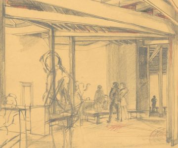 Mid 20th Century Graphite Drawing - Elephant Pavillion, Interior
