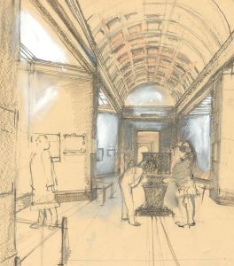 20th Century Graphite Drawing - Museum Interior with Figures