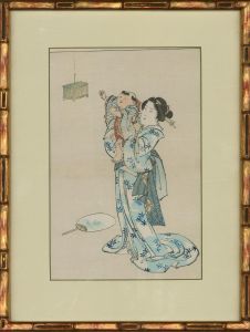 Late 19th Century Japanese Woodblock - Geisha, Child And Their Cricket Cage