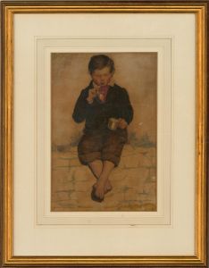 Framed Mid 19th Century Watercolour - Young Boy Sitting on a Wall