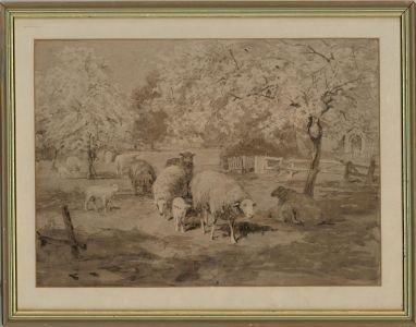 19th Century Watercolour - SHeep in a Summer Orchard