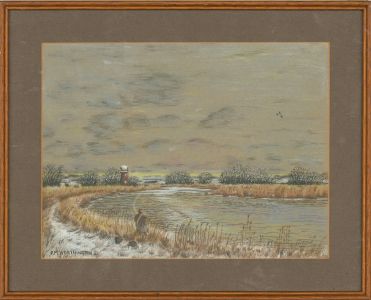 K. M. Worthington - Signed & Frame 20th Century Pastel, Frosty Fisherman