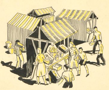 Barbara Naish - Mid 20th Century Pen and Ink Drawing, Market Scene Card Design