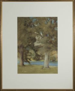 20th Century Watercolour - Oak Trees By The River