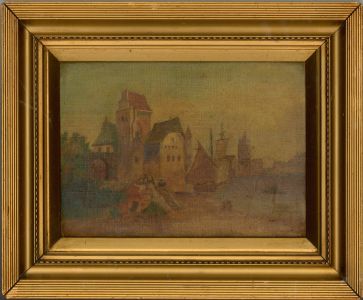 Framed 19th Century Oil - Riverside Town