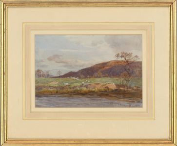 James Aumonier (1832–1911) - 1877 Watercolour, Sheep Grazing By The River