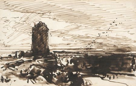 Mid 20th Century Pen and Ink Drawing - Landscape View with a Tower