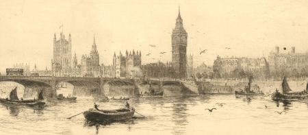 Signed Turn of the Century Etching - Westminster Bridge