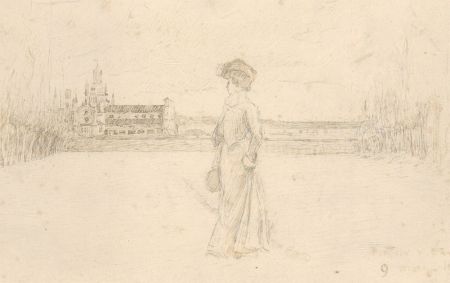 1874 Pen and Ink Drawing - Lady with Church in the Distance