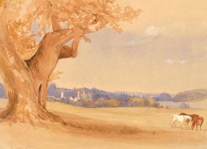 1846 Watercolour - Parkland Valley with Horses and Hunt