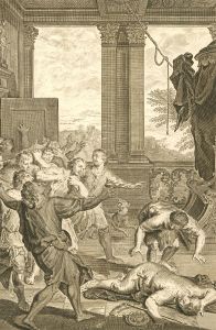 Dutch Bible Scenes - 1720 Engraving, Eglon King of the Moabites Kill'd