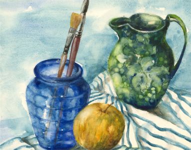 Julie Collino - 20th Century Watercolour, Still Life, Apple & Paintbrushes