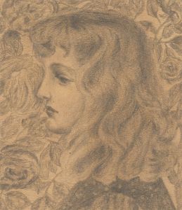 Early 20th Century Graphite Drawing - Portrait of a Girl with Roses