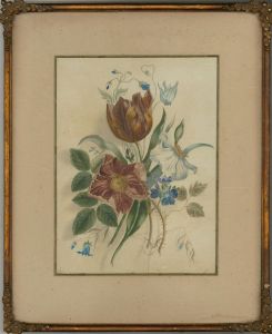 Framed Victorian Mid 19th Century Watercolour - Floral Study with Blue Flowers