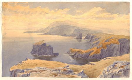 Signed 1883 Watercolour - Mountains by the Sea