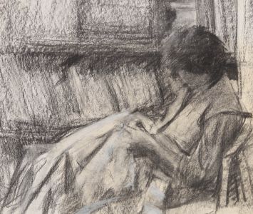 Jane Bond RP NEAC - 20th Century Charcoal Drawing, Relaxing