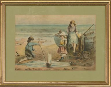 Framed Late 19th Century Watercolour - A Day at the Beach