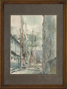 Framed Mid 20th Century Watercolour - Overcast Street Scene