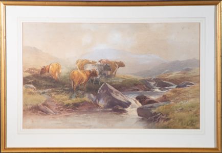 Thomas Rowden (1842-1926) - 1897 Watercolour, Cattle Graze By A Mountain Spring