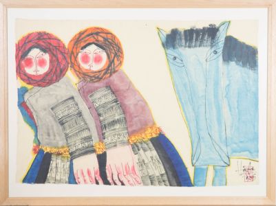 Framed 2005 Watercolour - Two Figures & A Blue Horse