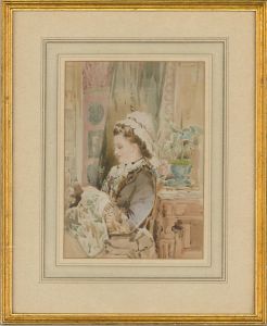 Victorian Late 19th Century Watercolour - Woman Sewing
