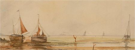 S.W. - Early 20th Century Watercolour, Boats at Low Tide