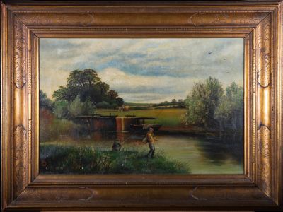 Early 20th Century Oil - Fishing By The Loch
