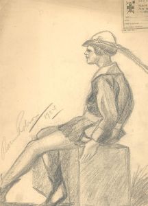 S. Barnes Robson (1900-1973) - 1924 Charcoal Drawing, Figure in Bycocket Hat