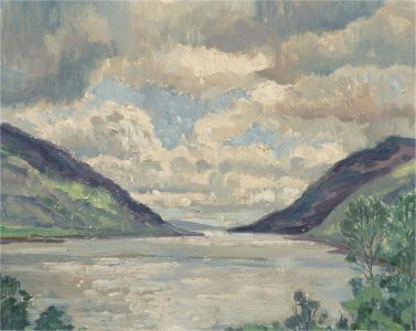 20th Century Oil - Lake Scene with Mountains