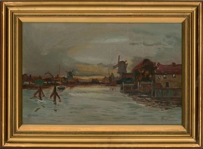 1918 Oil - Windmills At Sunrise