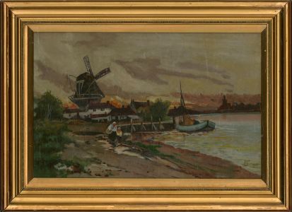 1918 Oil - Sunset Behind The Windmill