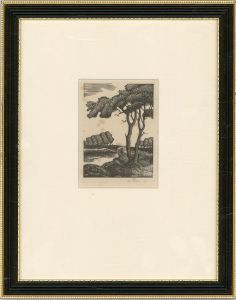 M. Pielon - Signed & Framed 1947 Woodcut, Tree by the Lake
