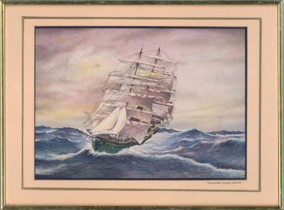 T. J. Profit - Signed & Framed 1984 Watercolour, Thermopylae Rounding Cape Horn