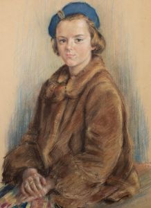 P. Wolmira - 1952 Pastel, Young Lady In Fur