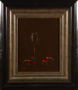 M. Wright - Signed & Framed Contemporary Oil, Cherries and Wine