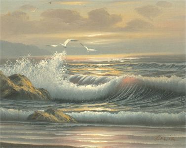 Galia - Signed Contemporary Oil, Sunset at the Beach