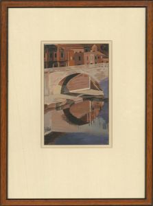 20th Century Gouache - Scene with Arch Bridge
