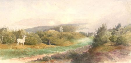 20th Century Watercolour - Mountain View with Stag