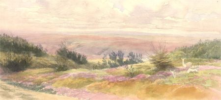 20th Century Watercolour - Hilltop View with Deer