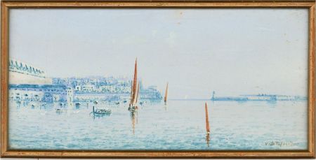 Framed Early 20th Century Watercolour - Harbour in Blue