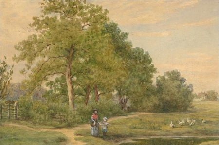 Framed 1874 Watercolour - The Duck Pond