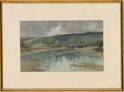 M.C.P. - 1914 Watercolour, Estuary Landscape with Seagulls