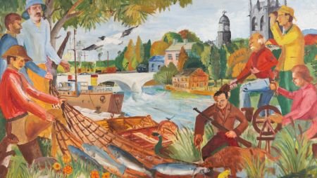 20th Century Oil - Naive River Scene with Figures