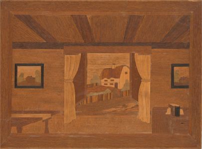Mid 20th Century Marquetry Panel- Through the Curtains