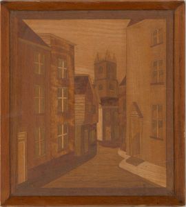 Mid 20th Century Marquetry Panel - Village Lane