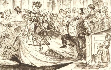 1866 Pen and Ink Drawing - Long Skirts at Church