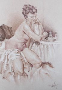 Franco Matania (1922-2006) - 20th Century Chalk Drawing, Figure by Small Table