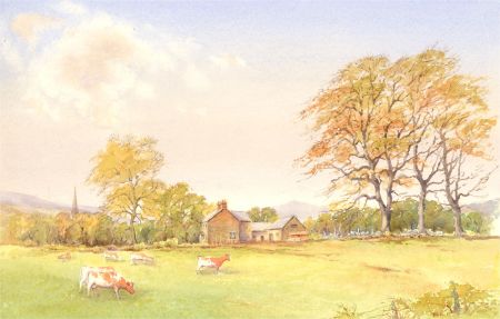 H.L. Hughes - 1990 Watercolour, Farm Scene with Livestock