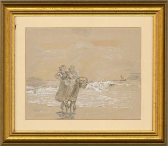 Late 19th Century Chalk Drawing - Stroll Along The Beach